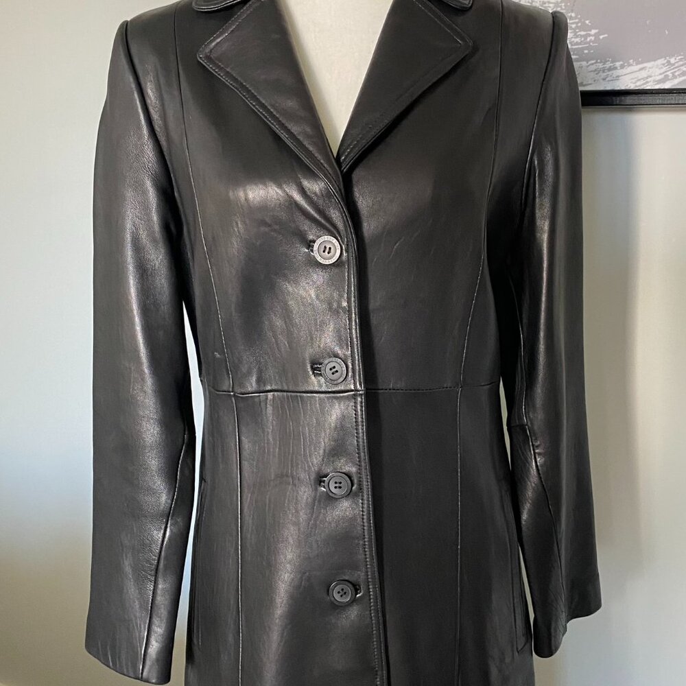 WINTER SALE!! Black Genuine Leather Fitted Coat Excellent Condition